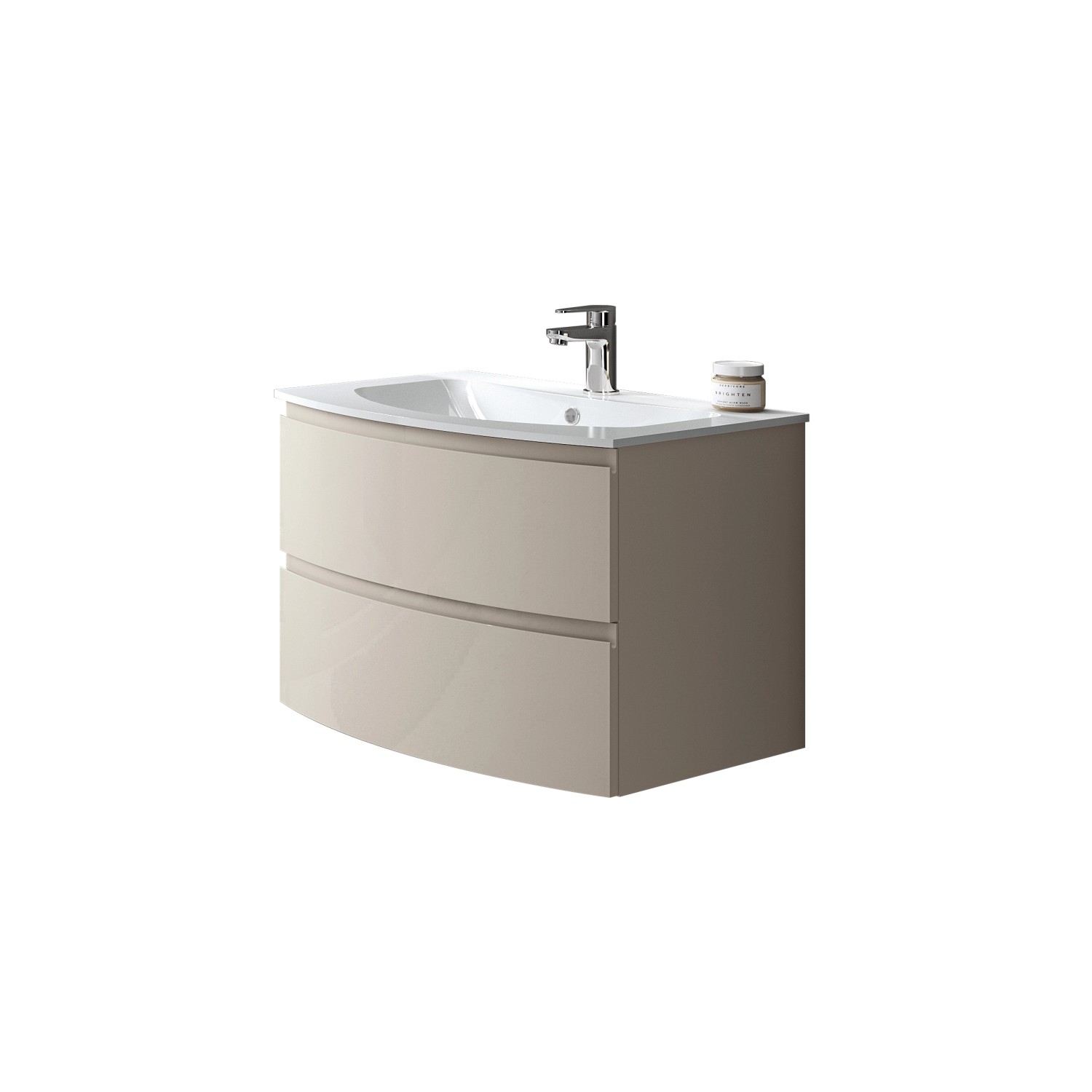 t.b.t. Mobile bagno beige con due cassetti e lavabo da appoggio.