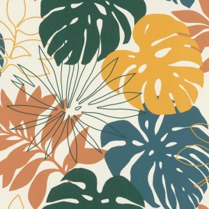 Carta da parati decorativa con motivo di foglie tropicali in verde, giallo e marrone.