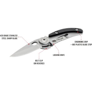 Coltello t.b.t. con lama in acciaio inox, impugnatura ergonomica e clip da cintura.