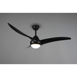 Ventilatore da soffitto nero con tre pale e luce integrata.