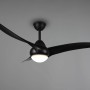 Ventilatore da soffitto nero con tre pale e luce integrata.