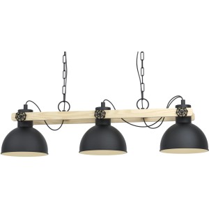 Lampada a sospensione Eglo Lubenham, 3 luci, nero-marrone, design vintage con legno e acciaio.