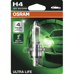 Lampadina auto Osram H4 Ultra Life, 12V, per impianto elettrico auto. Lampada alogena a lunga durata.