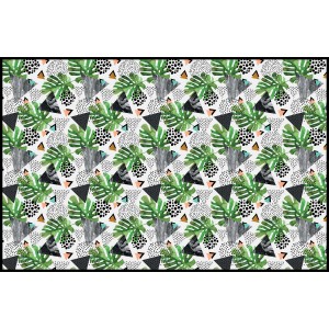 Tappeto moderno con motivo monstera e geometrico.