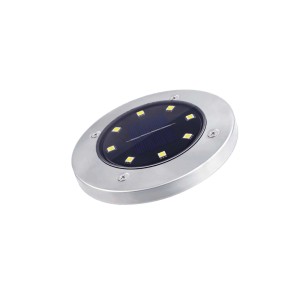 Luce segnapasso t.b.t. rotonda argentata con pannello solare e luci LED.