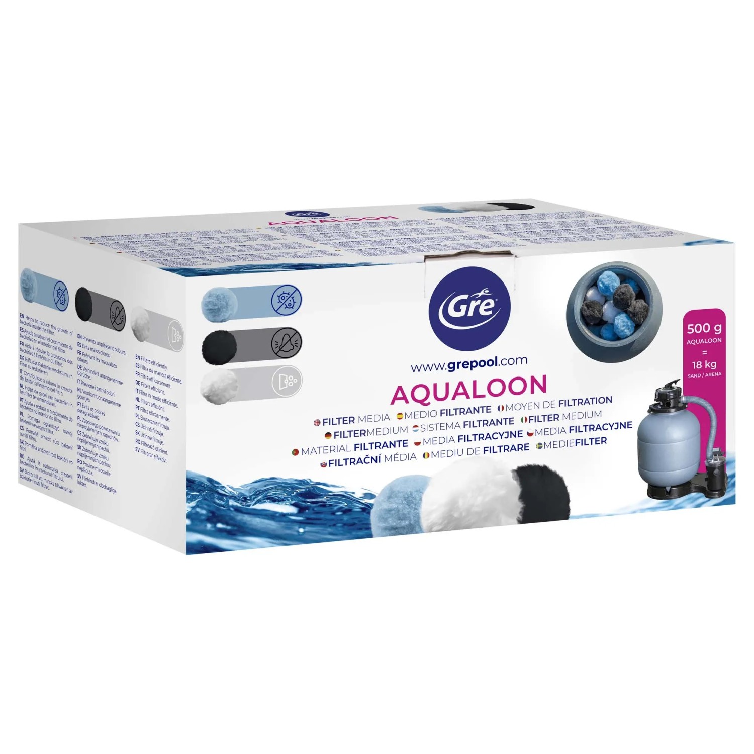 Gre Pool-Filterbälle Aqualoon 500g in scatola, alternativa alla sabbia filtrante per sistemi di filtraggio piscina.