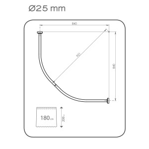 Disegno tecnico di un'asta per doccia con dimensioni per tenda doccia e montaggio.