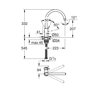 Disegno tecnico di un miscelatore monocomando t.b.t. con dimensioni.