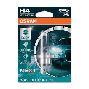Lampada auto Osram H4, 12V 60/55W, Cool Blue Intense, per luce extra bianca.