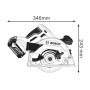 Schizzo della sega circolare a batteria Bosch GKS 18V-57 G con dimensioni 346x243mm.