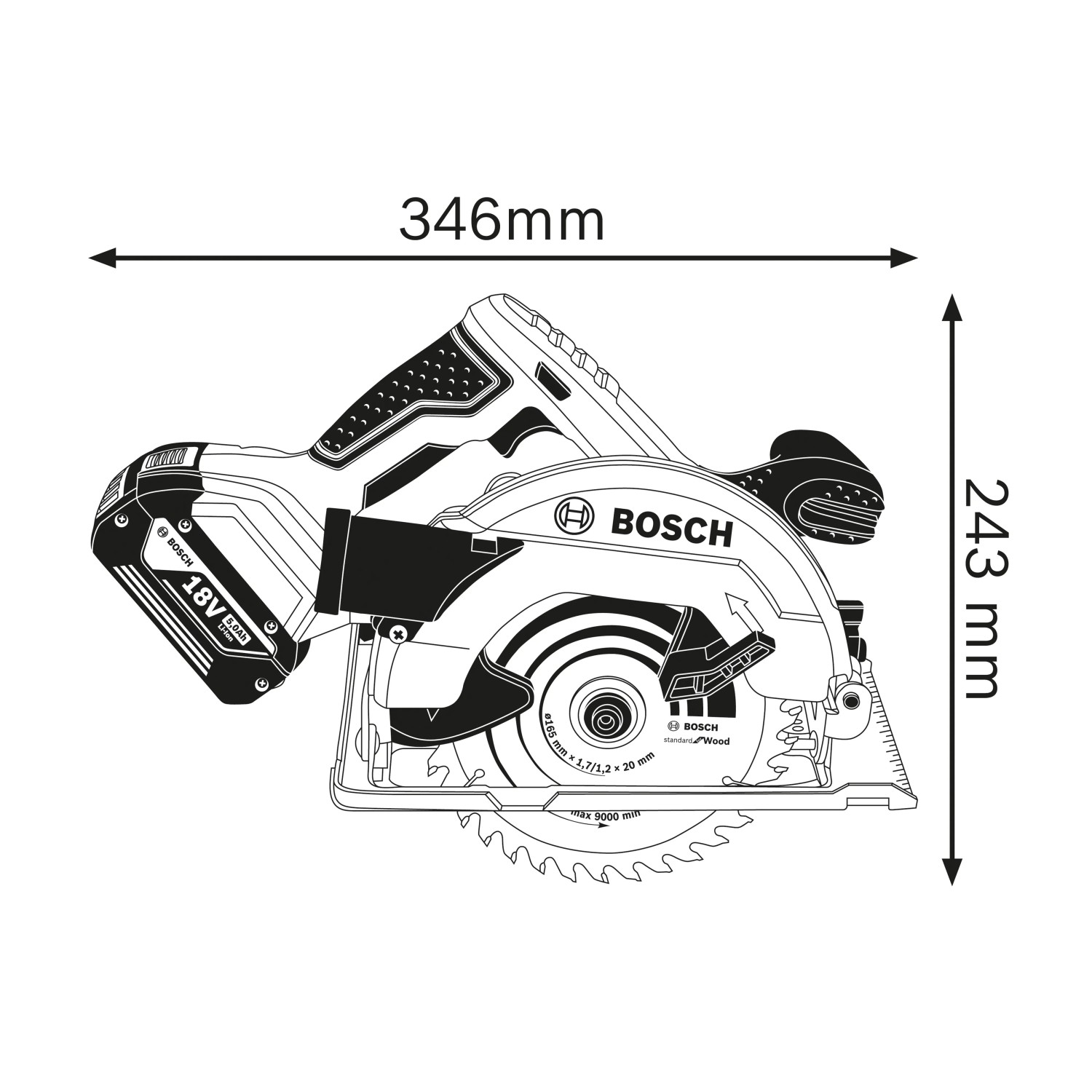 Schizzo della sega circolare a batteria Bosch GKS 18V-57 G con dimensioni 346x243mm.