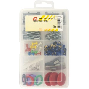 Assortimento di ganci a muro t.b.t. in scatola trasparente, vari colori e dimensioni.