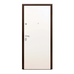 Porta blindata bianca con telaio marrone, spioncino e maniglia.