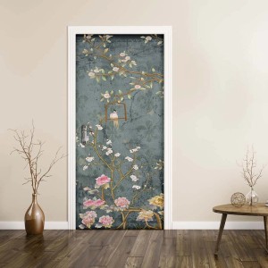 Fotomurale con motivo floreale e uccello su una porta.