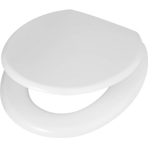 Sedile WC Vipos bianco con anima in legno e cerniere in plastica resistenti.