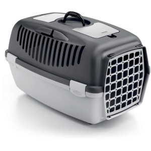 Trasportino grigio e bianco per cani e gatti con maniglia.