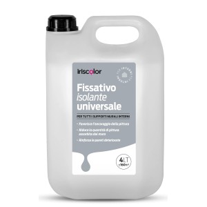 Tanica bianca da 4L di Iriscolor Fissativo Isolante Universale per pareti interne.