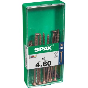 Viti per legno SPAX 4x80 mm in contenitore di plastica verde.