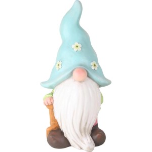 Gnomo da giardino blu con vanga, alto 48 cm, in polystone. Figura decorativa per il giardino.