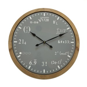 Orologio da parete t.b.t. grigio con cornice in legno e formule matematiche al posto dei numeri.
