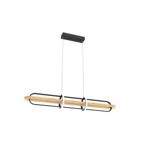 Lampada a sospensione t.b.t. moderna con elementi in legno e metallo per interni.