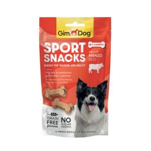 GimDog Sport Snacks per cani con manzo, senza cereali e senza zuccheri aggiunti.