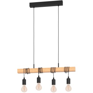 Lampada a sospensione Eglo Townshend con trave in legno e quattro portalampade neri in stile vintage e industriale.