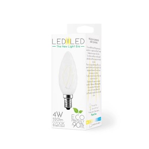 Lampadina LED E14 a forma di goccia, 4W, bianco caldo, in confezione.