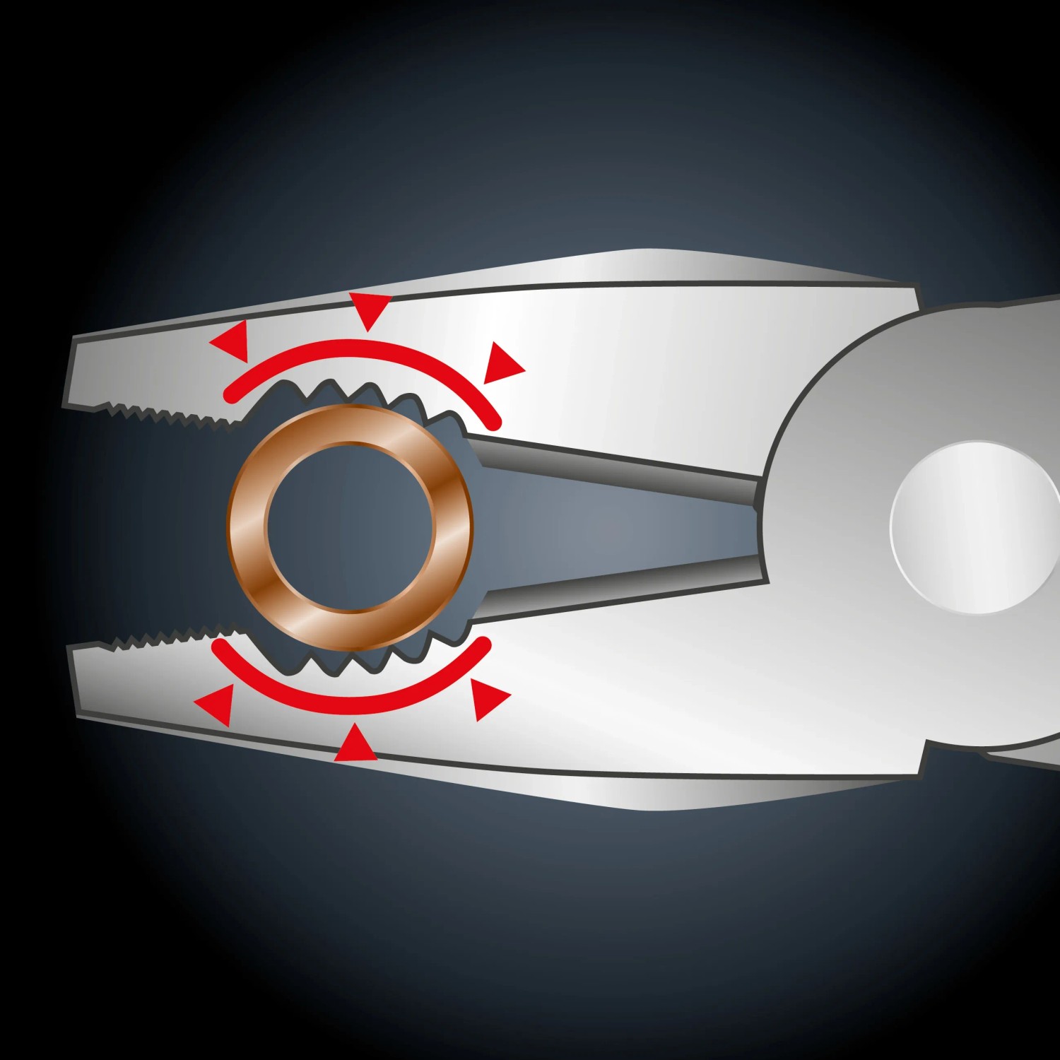 Illustrazione: pinza a combinazione LUX PRO che taglia un anello, dettaglio della pinza.