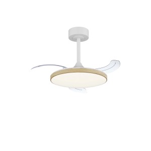 Plafoniera LED moderna con decoro legno e pale bianche.