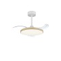 Plafoniera LED moderna con decoro legno e pale bianche.