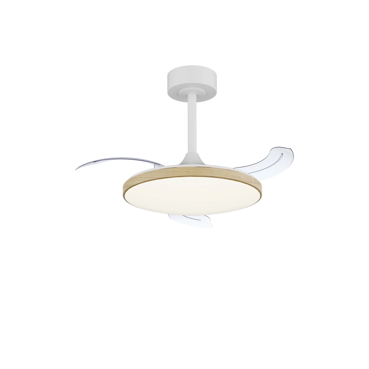 Plafoniera LED moderna con decoro legno e pale bianche.
