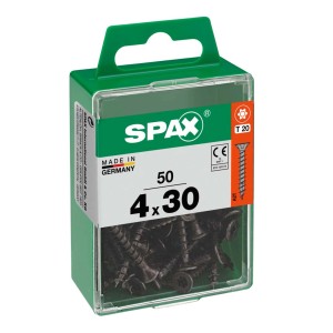 Viti universali SPAX 4x30 mm, 50 pezzi in contenitore di plastica verde.