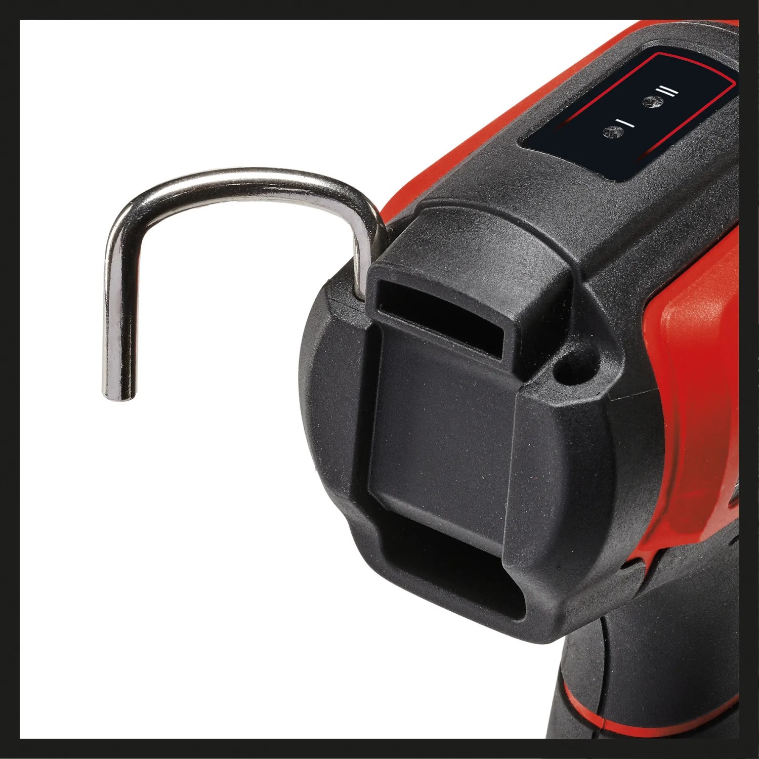 Dettaglio: Pistola ad aria calda a batteria Einhell Power X-Change TE-HA 18 Li Solo con gancio pieghevole.