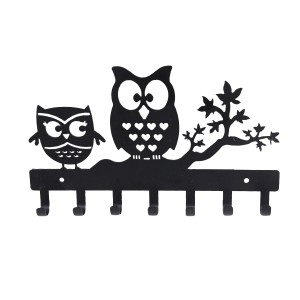 Organizzatore nero con gufi e ganci per montaggio a parete.