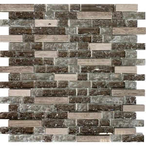 Piastrella mosaico nei toni del marrone e del grigio, forma rettangolare.