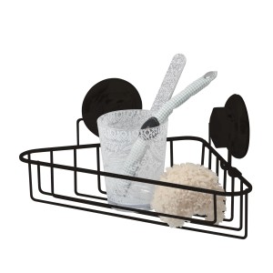 Mensola angolare nera con ventosa, con bicchiere, spazzola e spugna. Accessorio bagno.