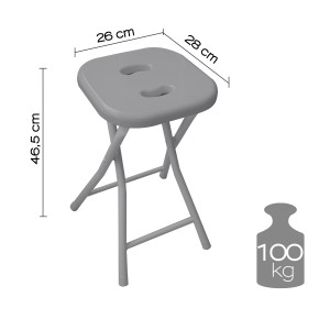 Sgabello da bagno grigio pieghevole con dimensioni e capacità di carico (100kg) indicate.