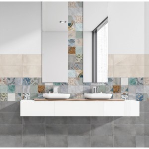 Bagno con piastrella in gres porcellanato Urban Perlmutt 60x30 cm, effetto cemento, superficie opaca.