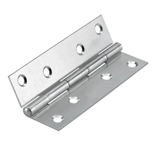 Cerniera in metallo per mobili, aperta, con fori per il fissaggio.