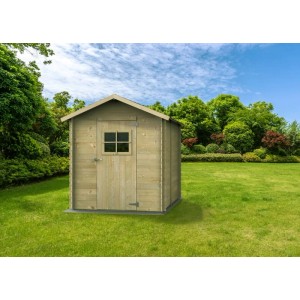 Casetta da giardino in legno Greta 178x218 cm con porta e finestra su prato verde.