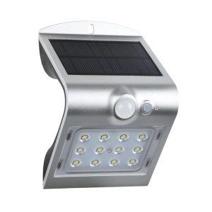 Faretto LED da esterno t.b.t. argentato con pannello solare e sensore di movimento.
