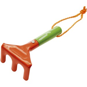 Piccolo rastrello per bambini, metallo arancione, manico verde con cordino, giocattolo da giardino.