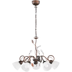 Lampadario Traditio color ruggine anticato con 5 luci e dettagli in cristallo. Elegante lampada a sospensione per interni.
