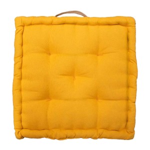 Cuscino da seduta quadrato giallo con maniglia, ideale come cuscino da pavimento.