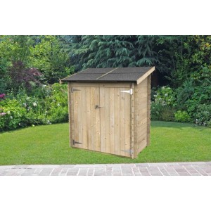Casetta in legno Serena 155x85 cm. Ripostiglio in abete chiaro con doppia porta e tetto scuro in ardesia in giardino.