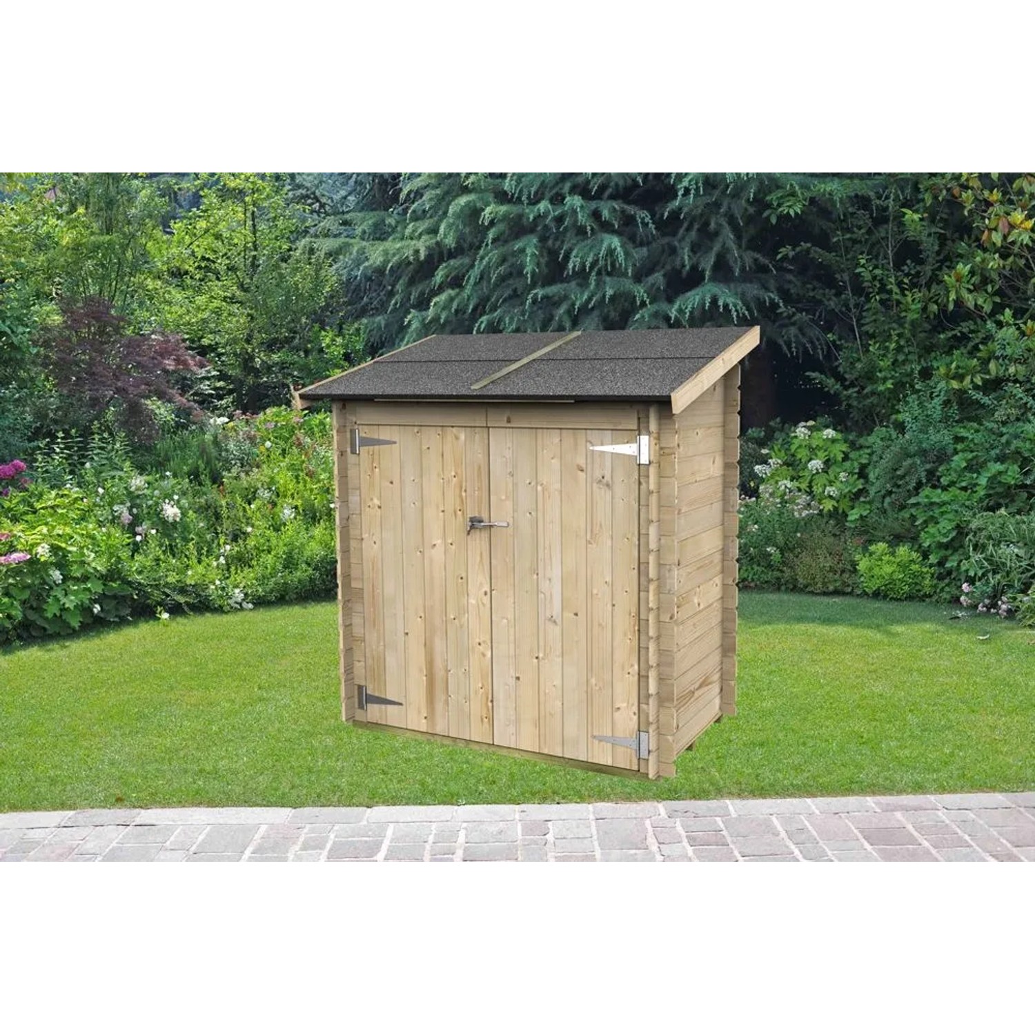 Casetta in legno Serena 155x85 cm. Ripostiglio in abete chiaro con doppia porta e tetto scuro in ardesia in giardino.