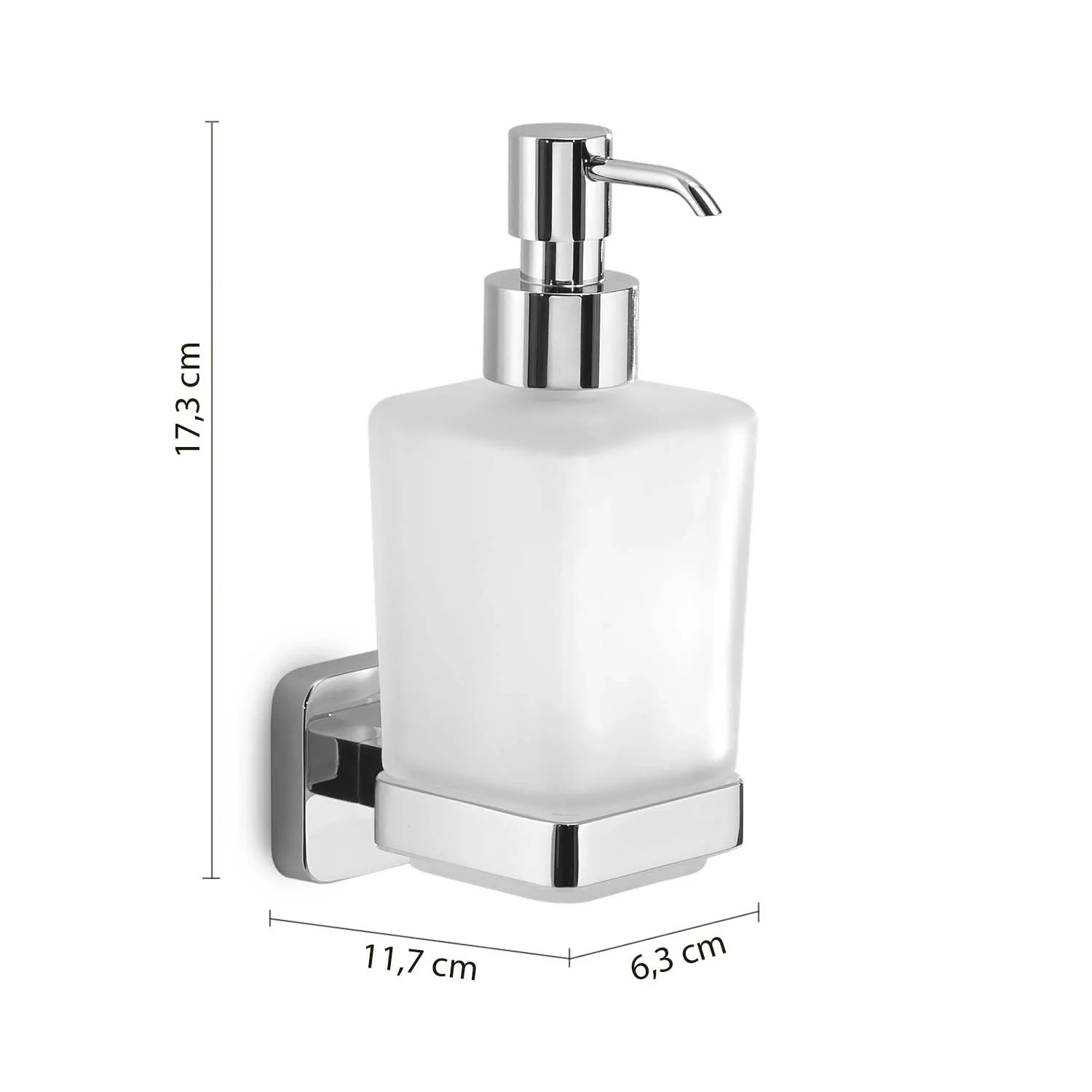 Dispenser sapone a muro con contenitore in vetro satinato e dettagli cromati.