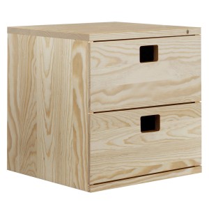 t.b.t. Cassapanca in legno chiaro con due cassetti e maniglie quadrate.