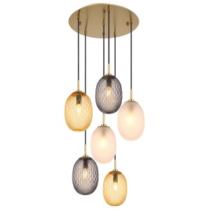 Lampada a sospensione moderna t.b.t. con sei paralumi in vetro colorato per soggiorno e sala da pranzo.